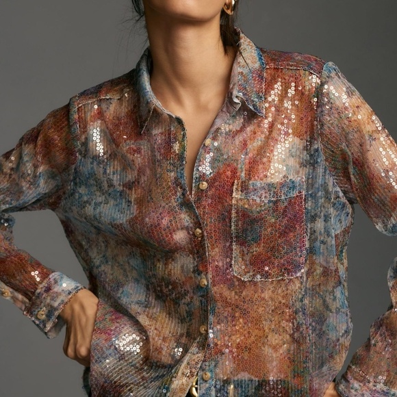 NWT  Pilcro Shrunken Sequin Buttondown Shirt  Medium - Picture 2 of 8